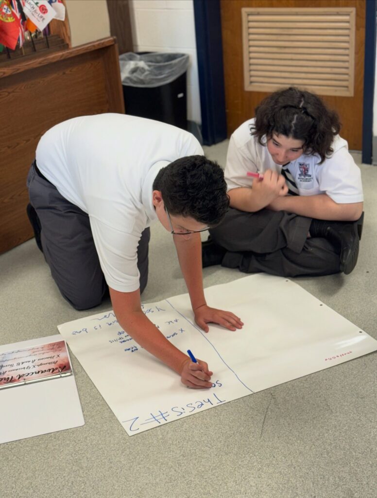 Royalmont high school students analyzing ideas together on a classroom project